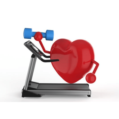 Ilustración de un corazón con brazos haciendo pesas y corriendo en una cinta